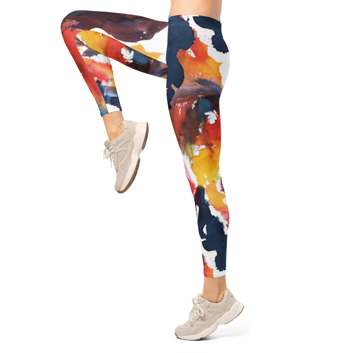 Pop art leggings with abstract red, yellow, blue full-length stretch print