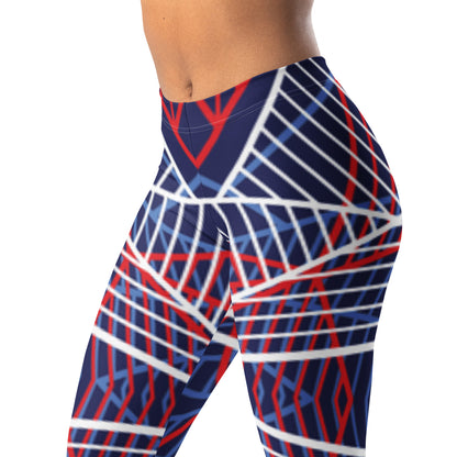 Women’s leggings featuring navy abstract lines with red and white curved grid details.