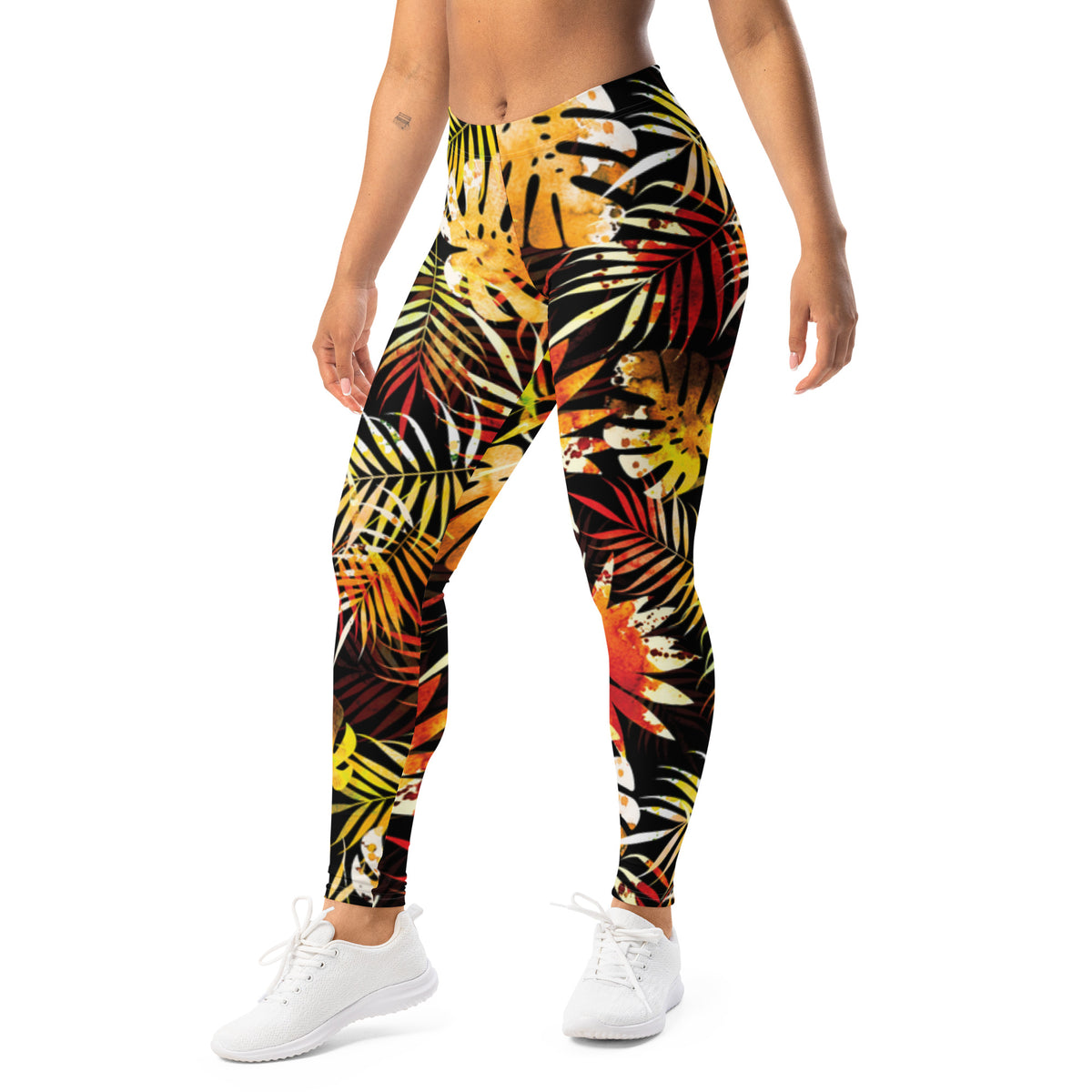 Women's tropical leaf print leggings, yellow red green on dark base