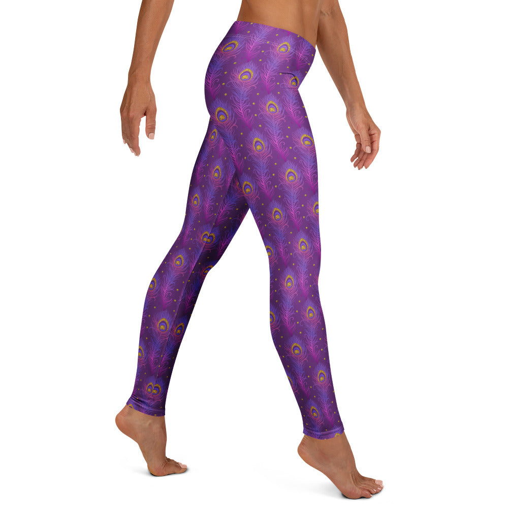 Purple peacock-eye patterned leggings, full-length, stretch athletic style