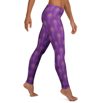 Purple peacock-eye patterned leggings, full-length, stretch athletic style
