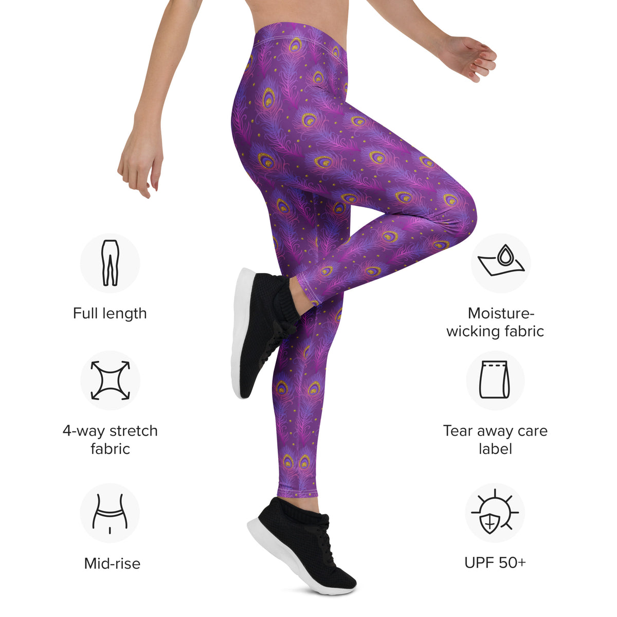 Purple peacock-feather pattern leggings with moisture-wicking and UPF 50+ icons