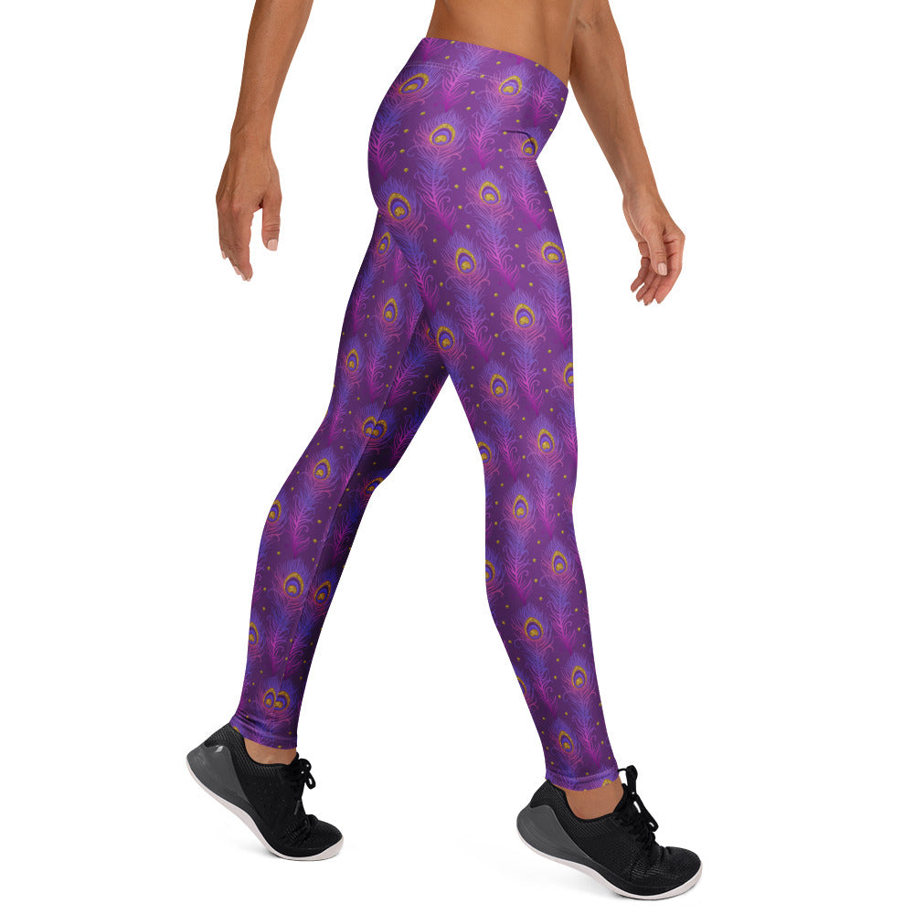 Purple peacock-feather pattern leggings, full-length athletic wear