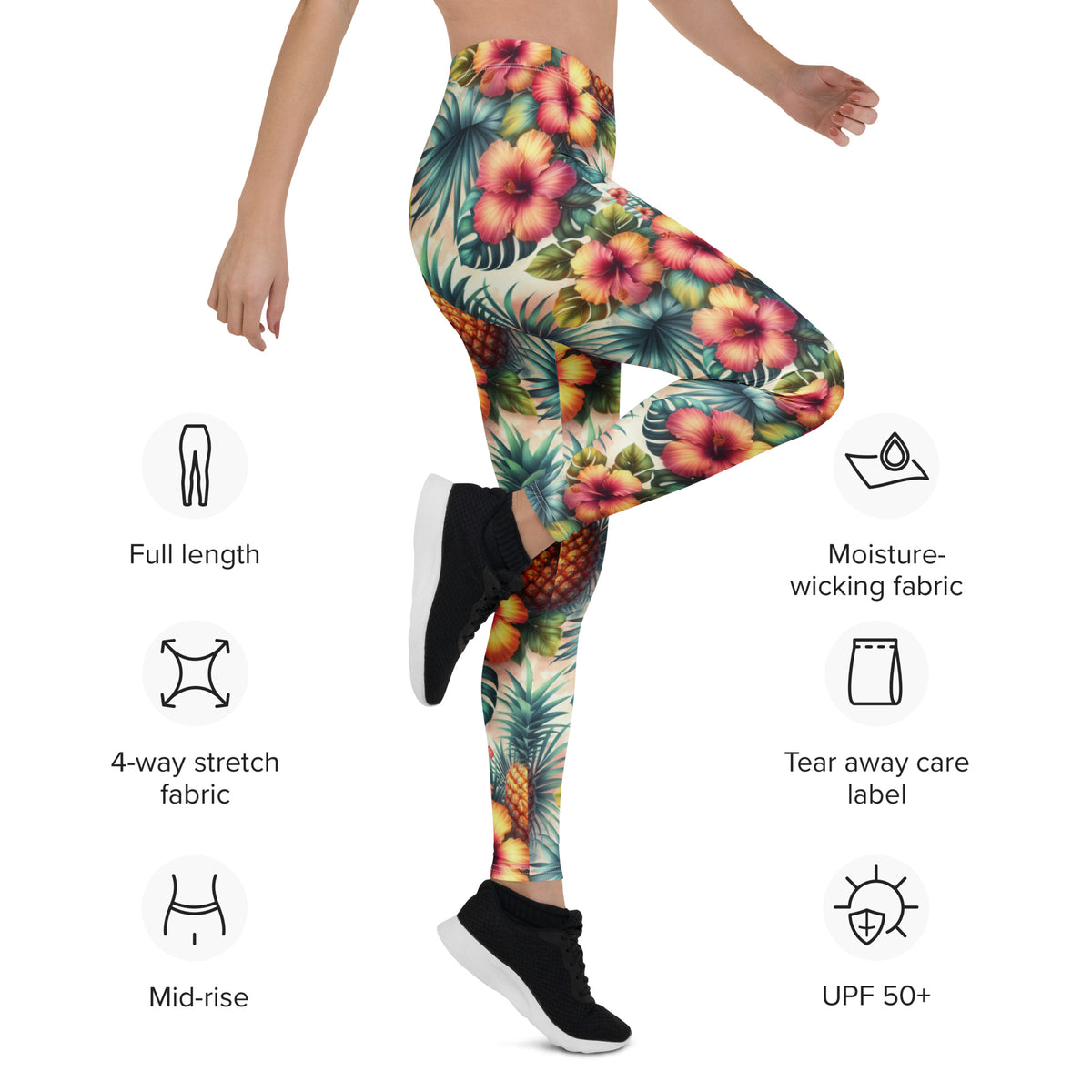 Mid-rise tropical print leggings with hibiscus and pineapple pattern, full length