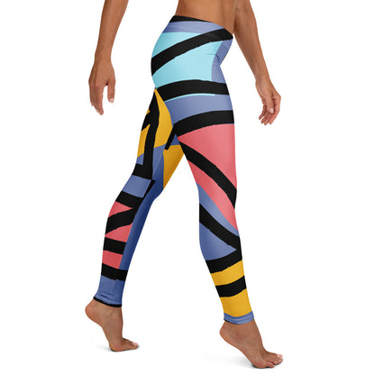 Blue geometric leggings with black stripes and yellow and pink color blocks, full length.