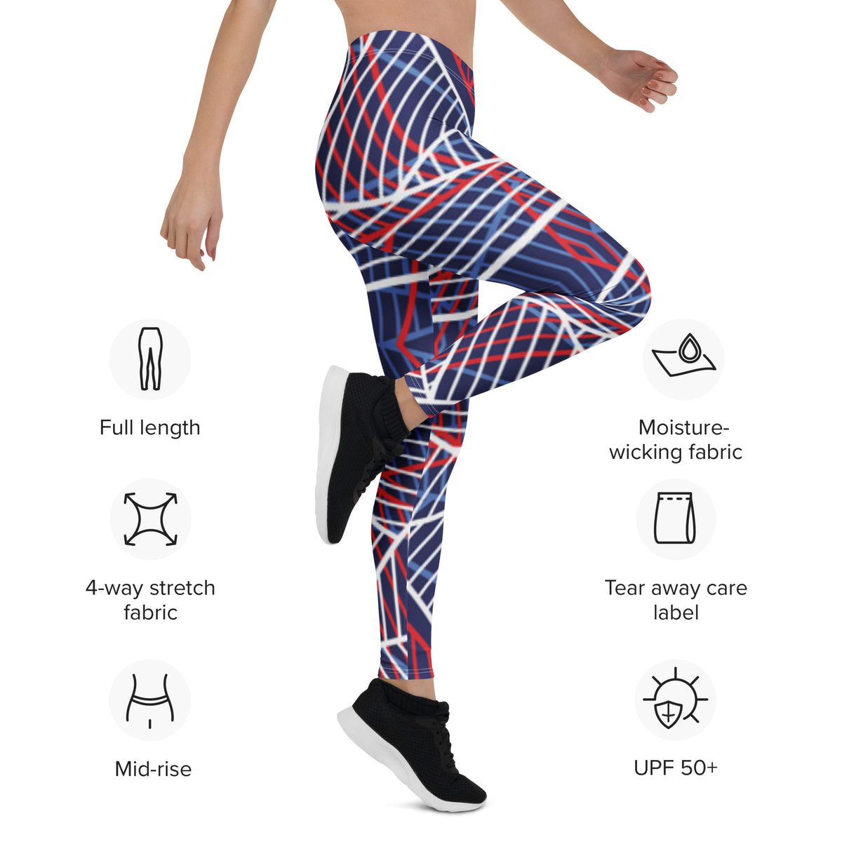 Women’s leggings with abstract navy, red, and white line pattern; moisture-wicking.