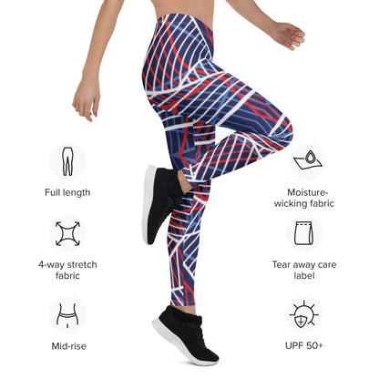 Women’s leggings with abstract navy, red, and white line pattern; moisture-wicking.