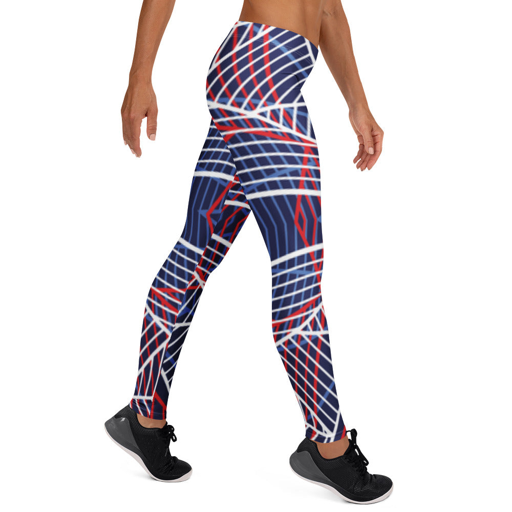 Women’s leggings with navy base and red, white abstract line pattern, full length.