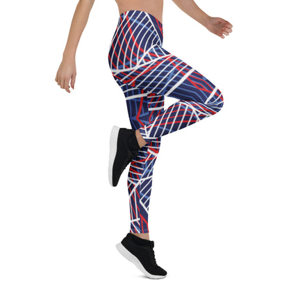 Women’s mid-rise leggings with abstract navy-red-white line pattern.