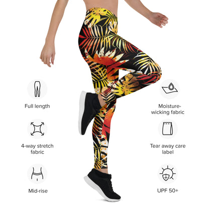 Women's mid-rise leggings with black, yellow, and red tropical leaf print