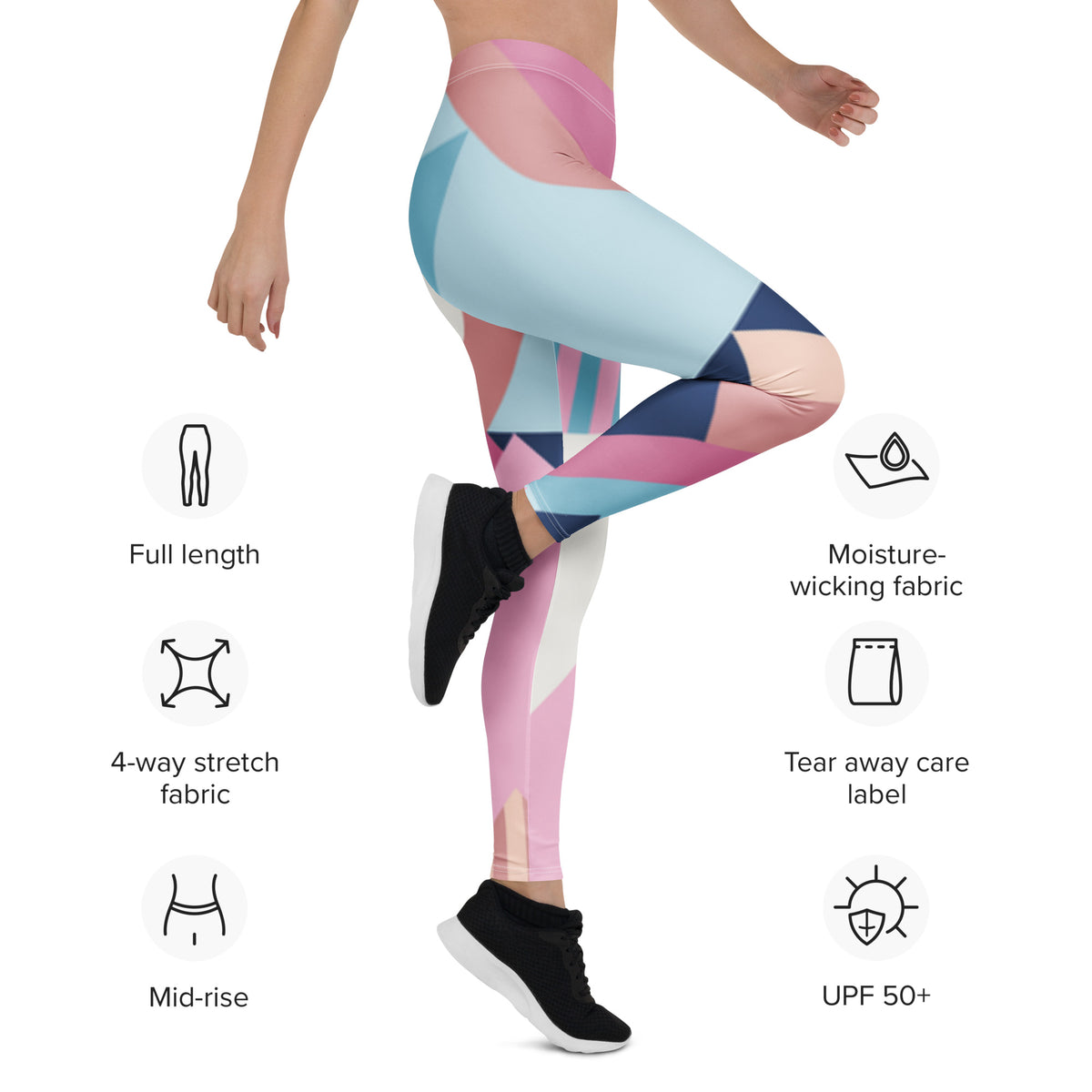 Women’s mid-rise full-length leggings with geometric colorblock print in pink and blue