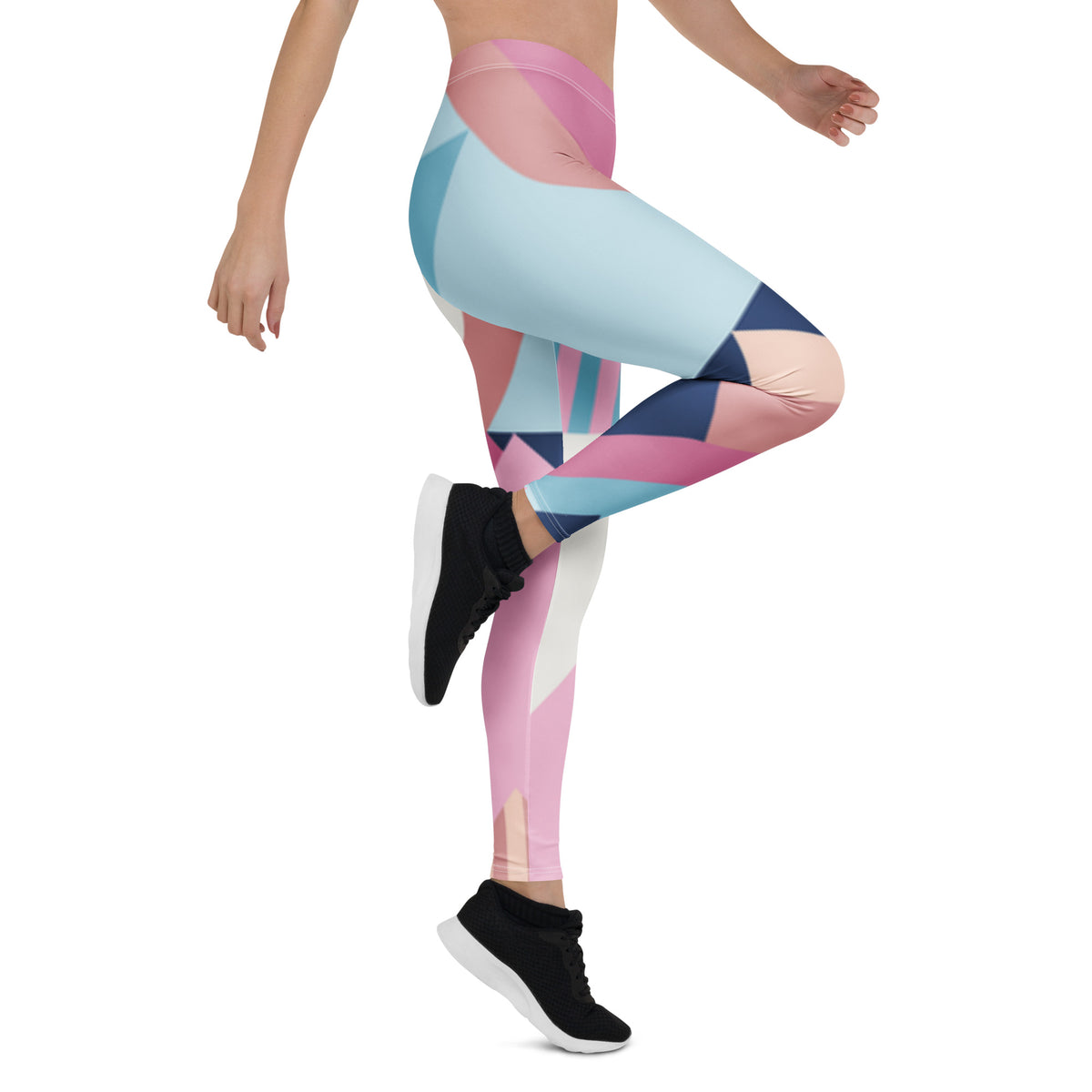 Women’s full-length leggings with multicolor geometric patchwork and striped panels