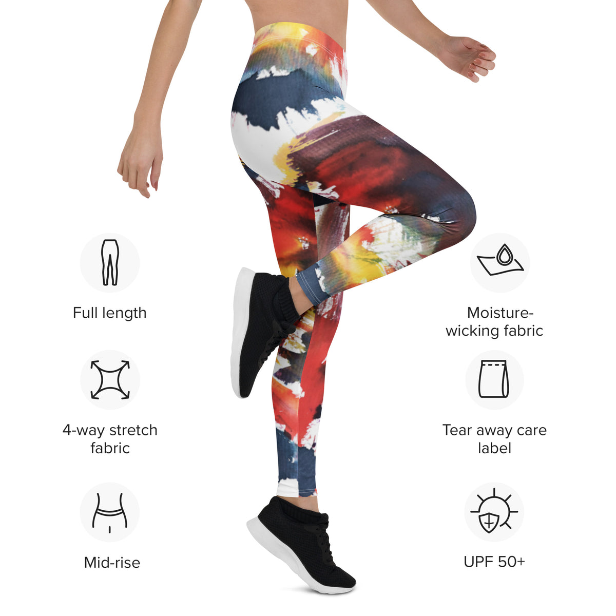Multicolor pop art leggings with abstract brushstroke pattern, full-length tight fit