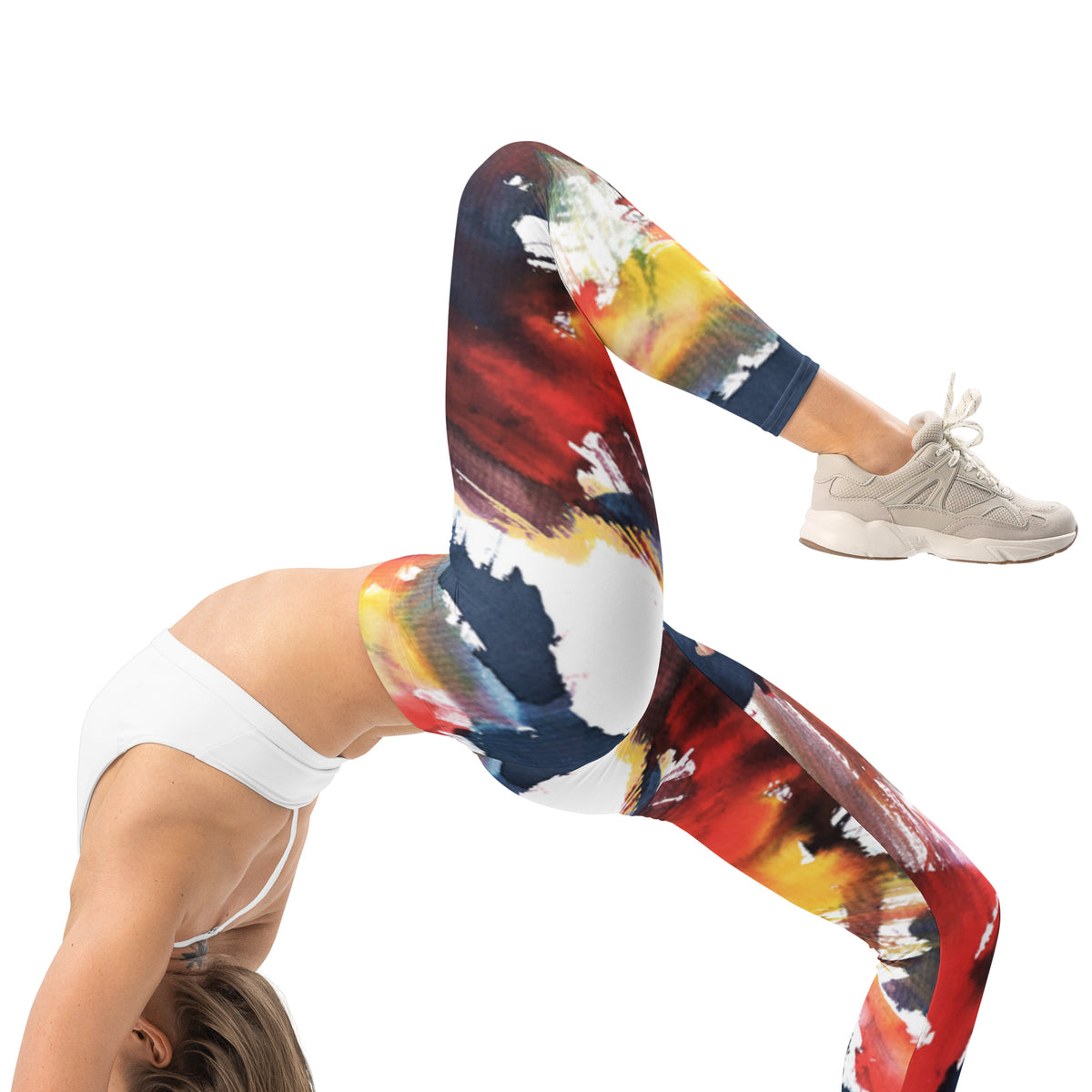 Women’s leggings with abstract paint-splash pattern and colorful mixed-color blocks