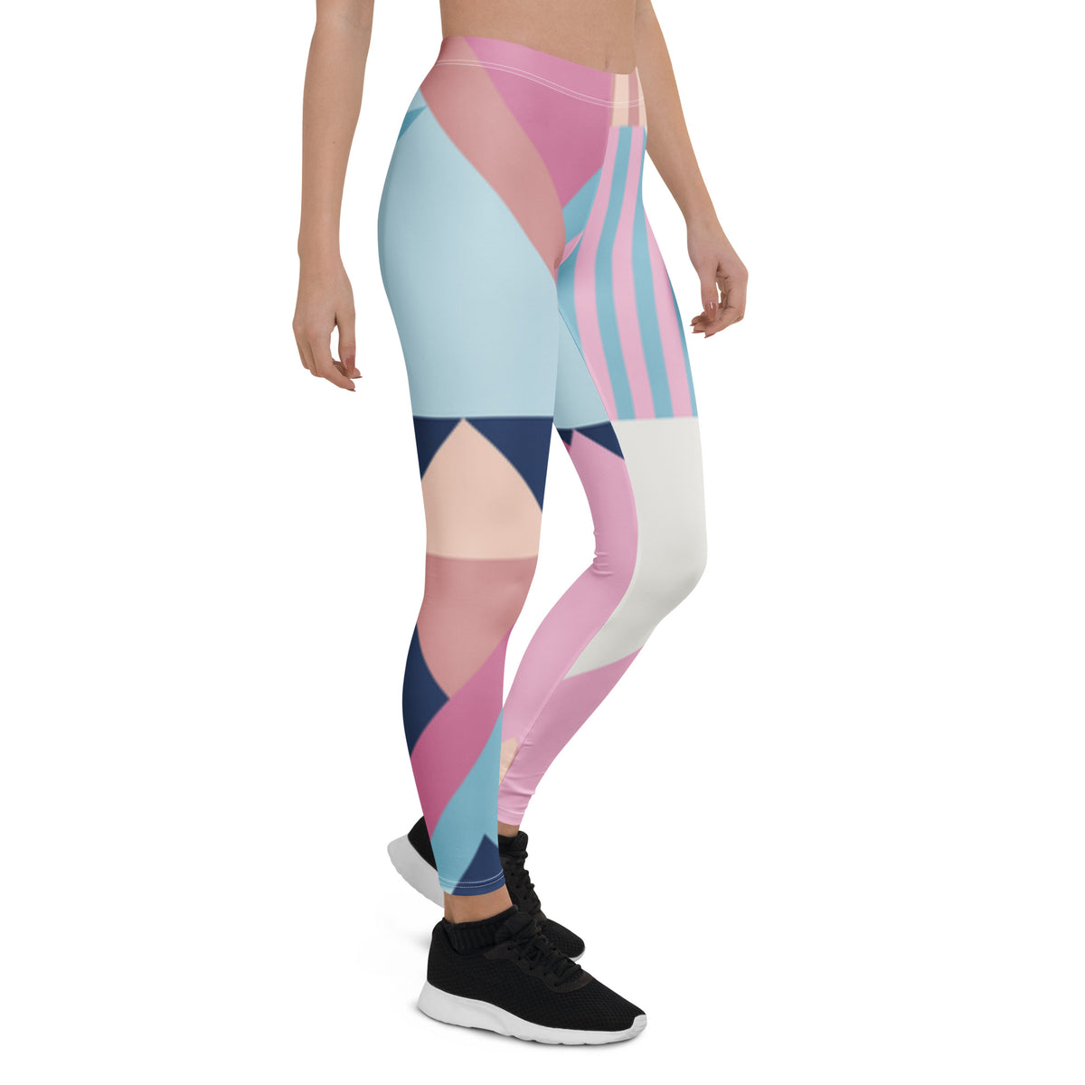 Women’s high-waist leggings with blue, pink, white and navy geometric blocks