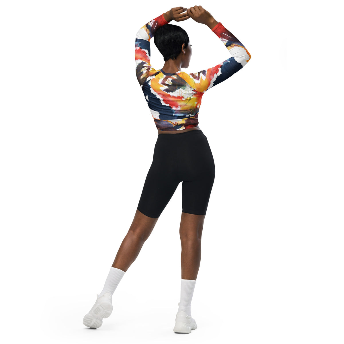 Recycled long-sleeve crop top with multicolor abstract print, fitted raglan sleeves