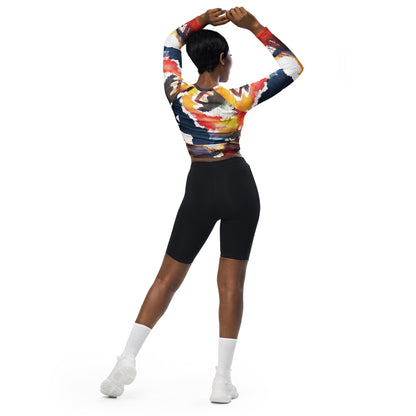Recycled long-sleeve crop top with multicolor abstract print, fitted raglan sleeves