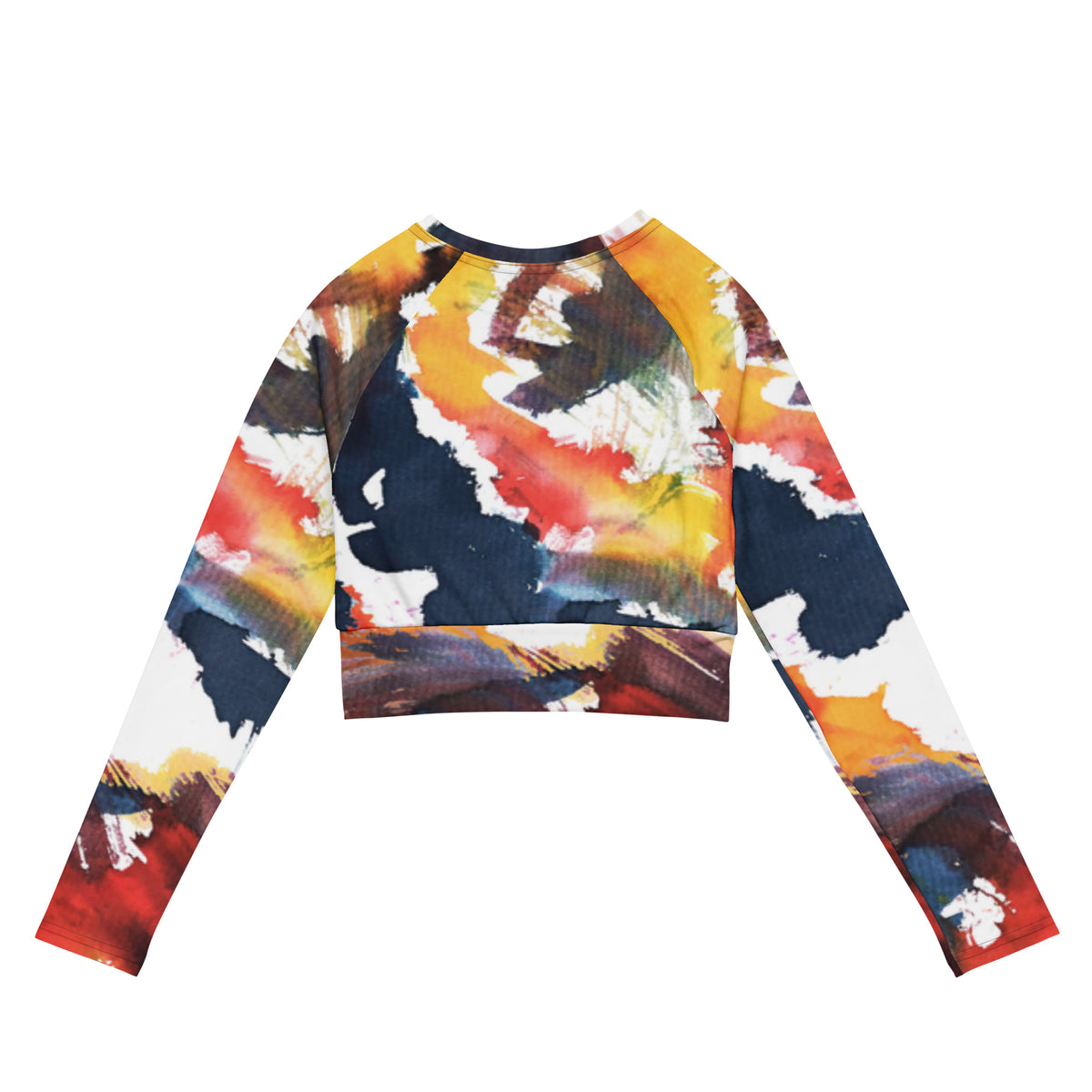 Recycled long-sleeve crop top front view, abstract navy yellow red print, crew neck.