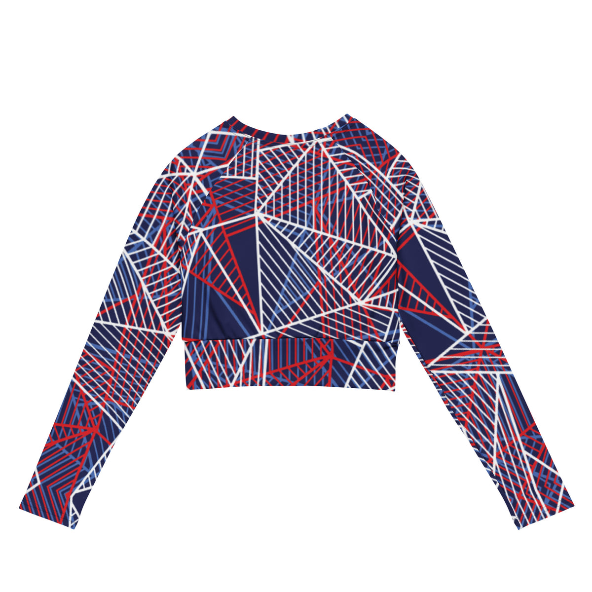 Geometric abstract long-sleeve crop top with fitted waist seam detail