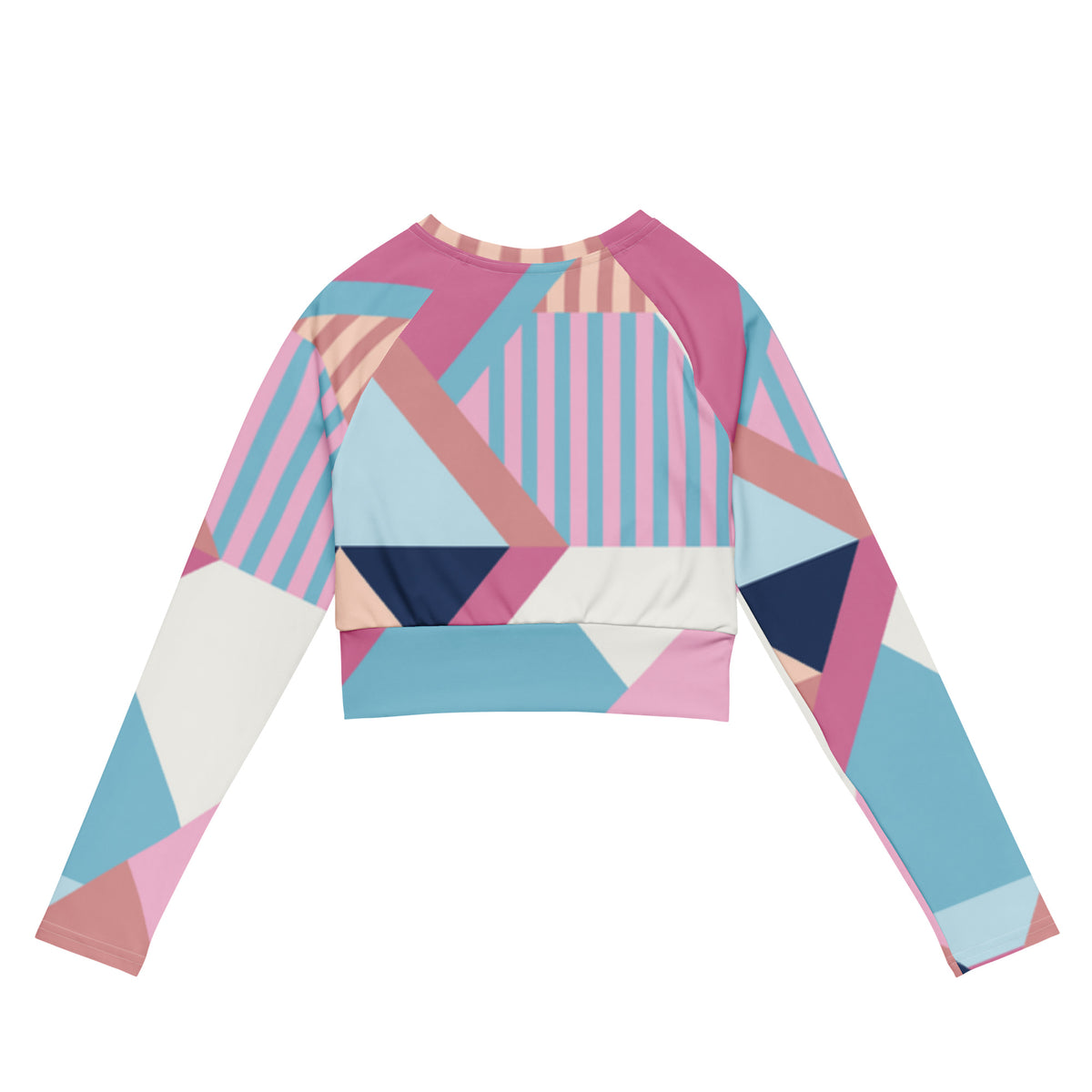 Long-sleeve crop top with geometric stripe pattern in pink, blue, and white