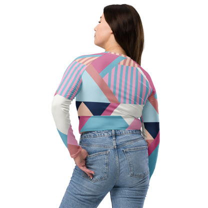 Geometric long-sleeve crop top with pink and blue blocks, shown from the back