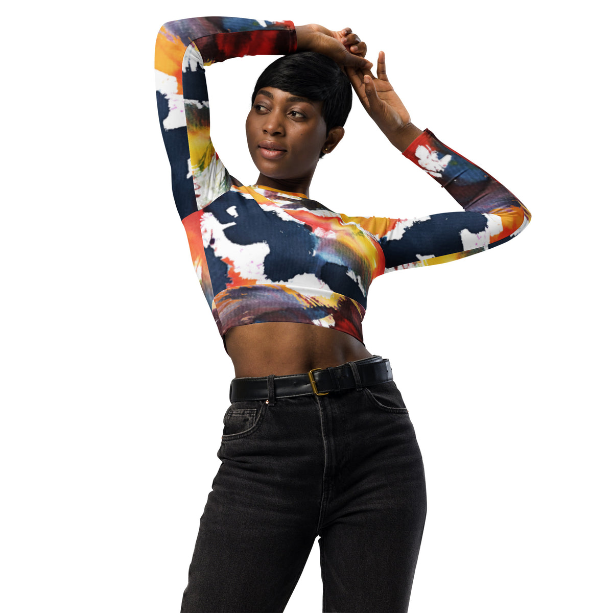 Long-sleeve crop top with abstract multicolor print, crew neck, cropped hem.