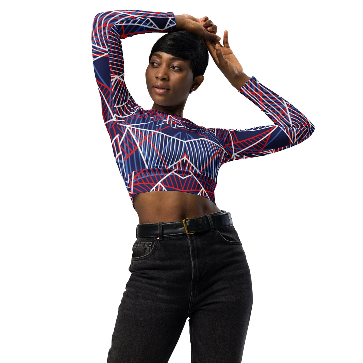 Navy long-sleeve crop top with abstract red and white lines, crew neck