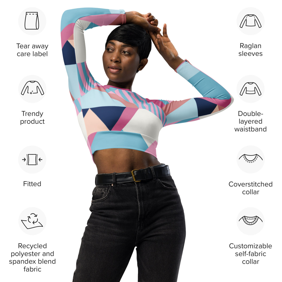Geometric long-sleeve crop top: raglan sleeves, double-layer waistband, coverstitched collar