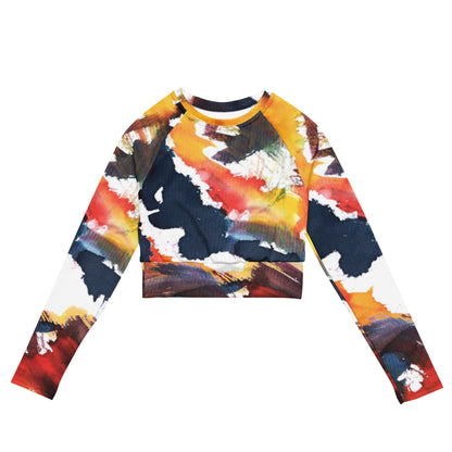 Recycled long-sleeve crop top, abstract multicolor print, crew neck.