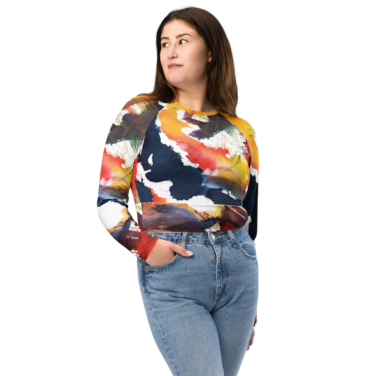 Long-sleeve crop top with abstract multicolor print, crew neck, fitted cropped fit.