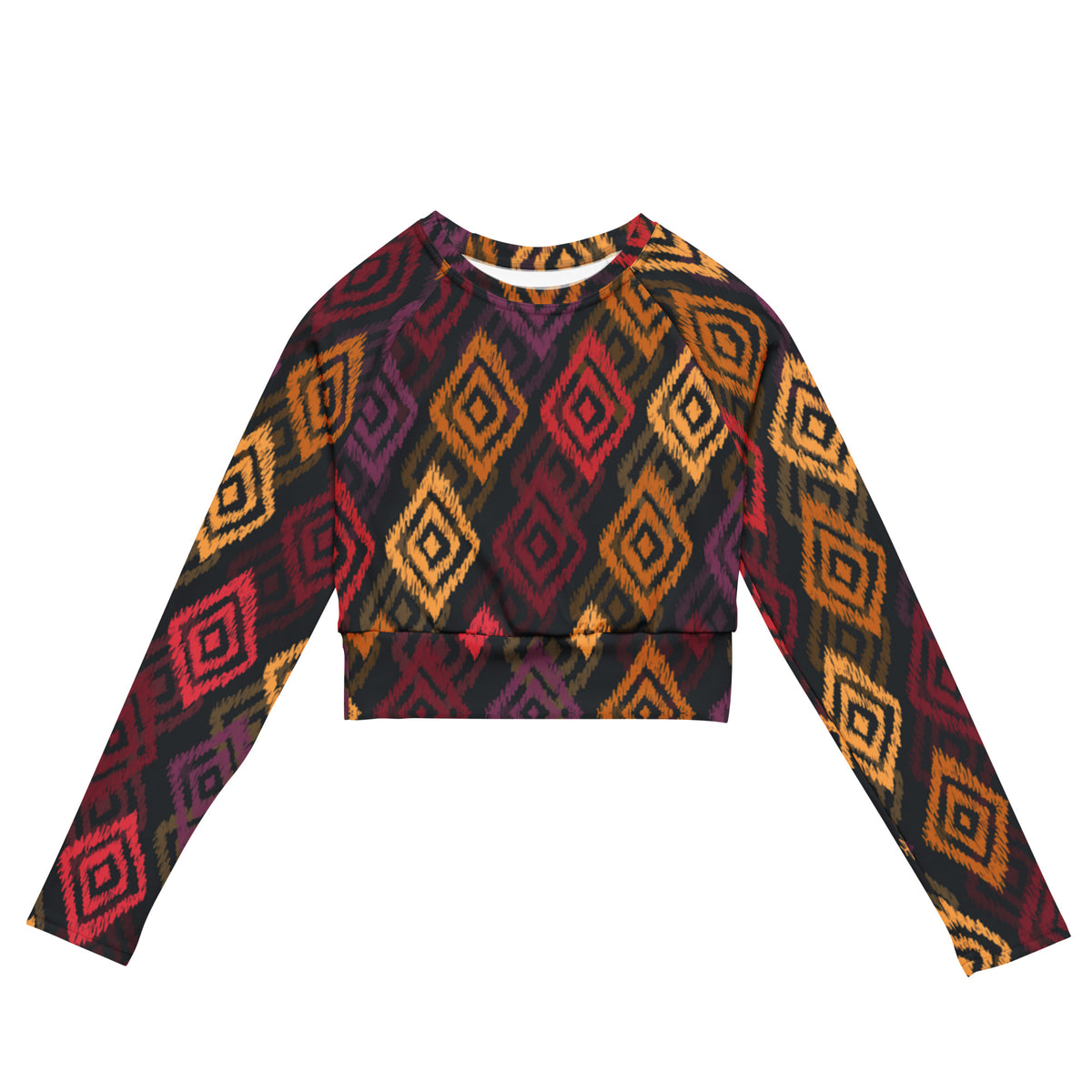 Geometric long-sleeve crop top with multicolor diamond pattern and rounded neckline