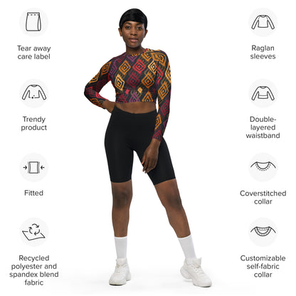Long-sleeve recycled crop top, multicolor geometric diamond pattern, front view