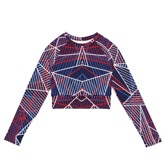 Navy long-sleeve crop top with abstract red and white line graphic