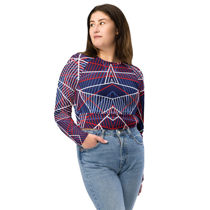 Long-sleeve crop top in navy with red and white geometric line abstract print