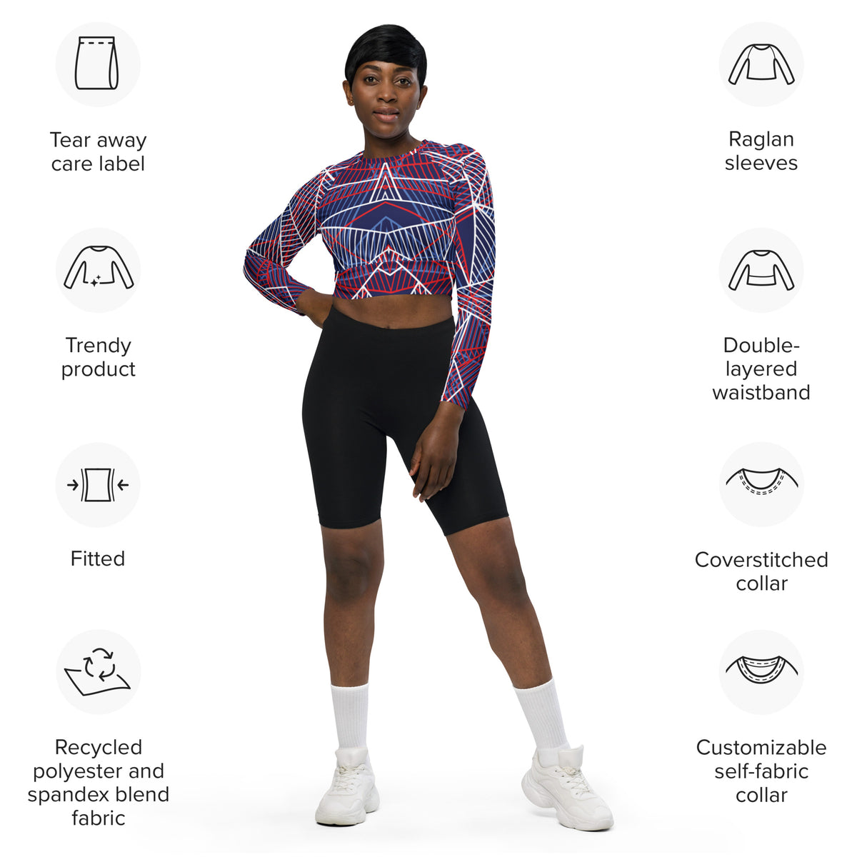 Long-sleeve crop top with coverstitched collar and fitted double-layer waist hem