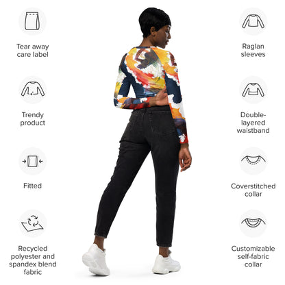 Recycled long-sleeve crop top, multicolor abstract print, curved collar, fitted