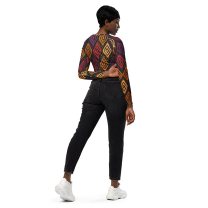 Long-sleeve recycled crop top, multicolor geometric diamond pattern, back view