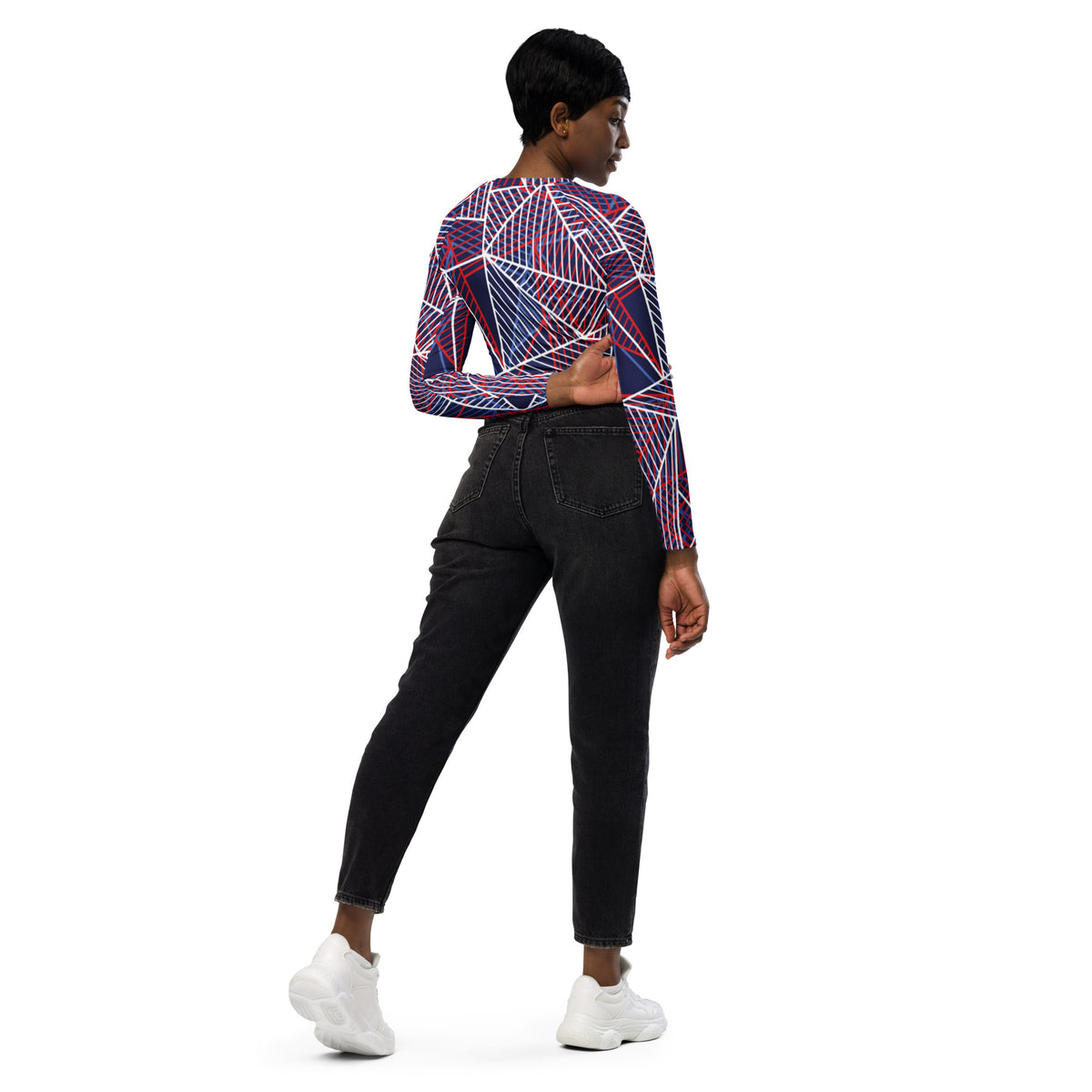 Abstract geometric long-sleeve crop top, raglan sleeves shown from the back
