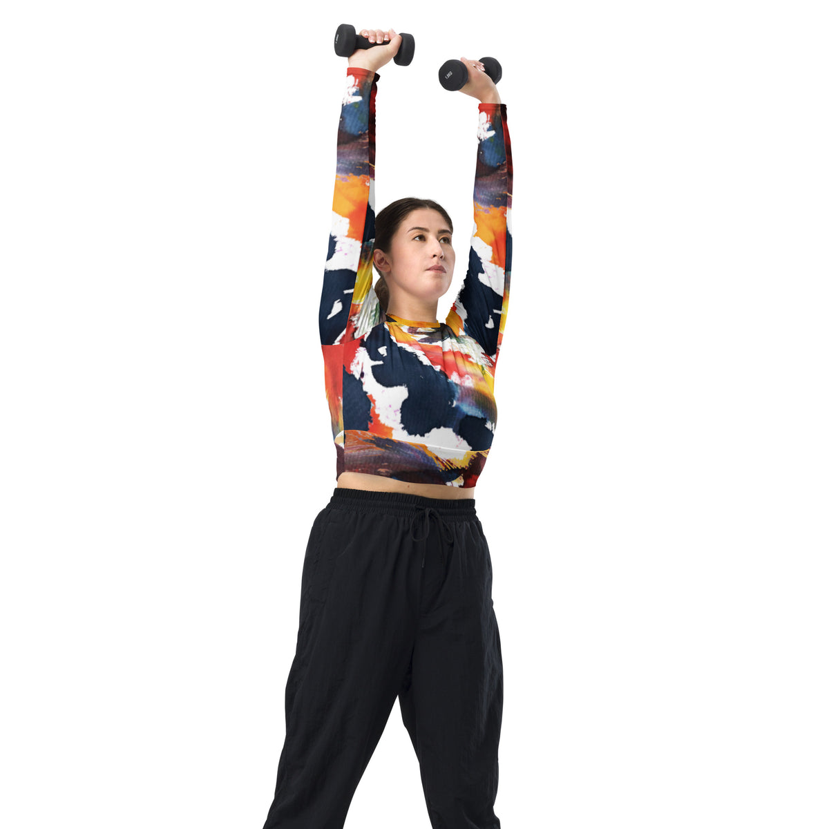 Artist's Dream recycled long-sleeve crop top with multicolor abstract print, crew neck