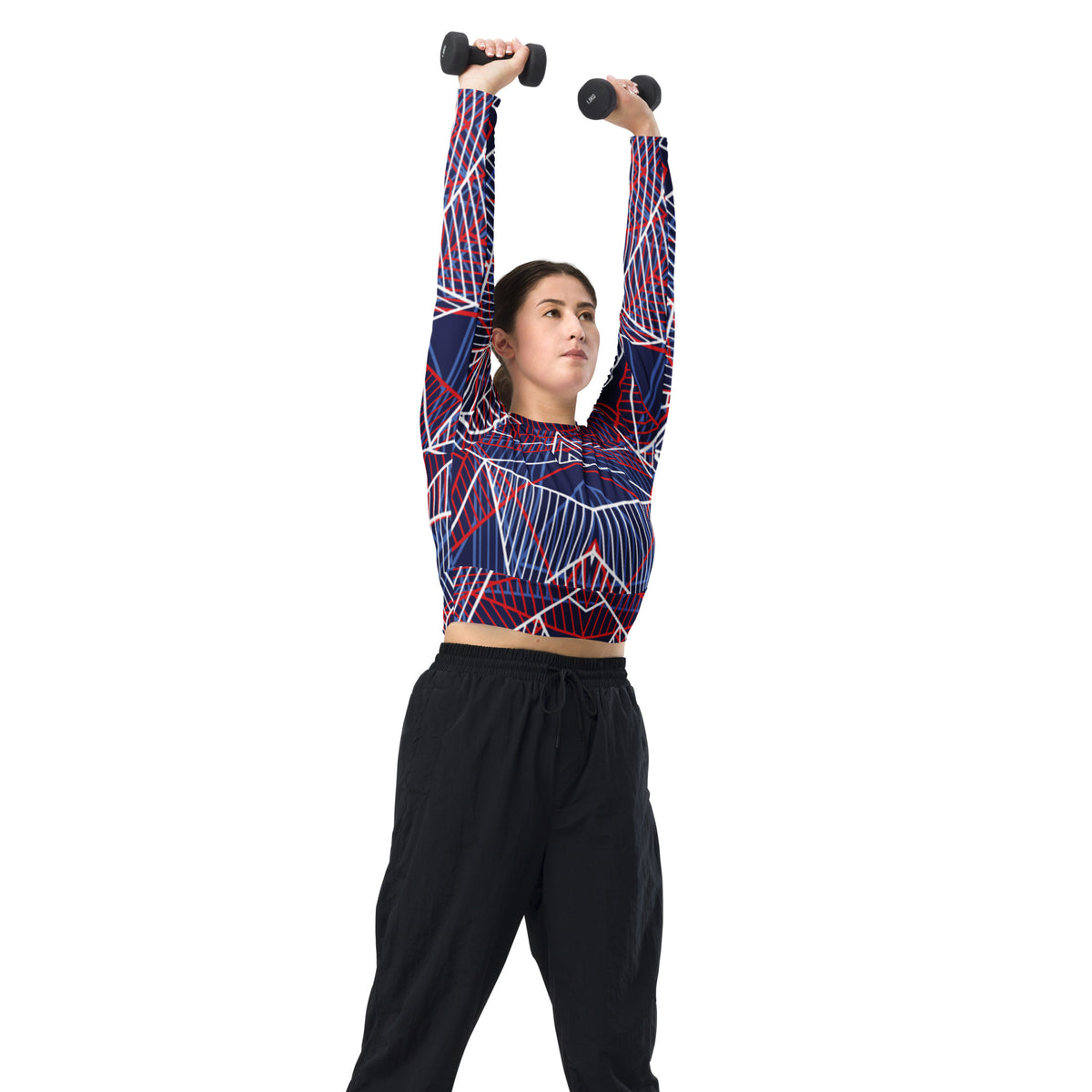 Navy long-sleeve crop top with abstract geometric red and white line graphic