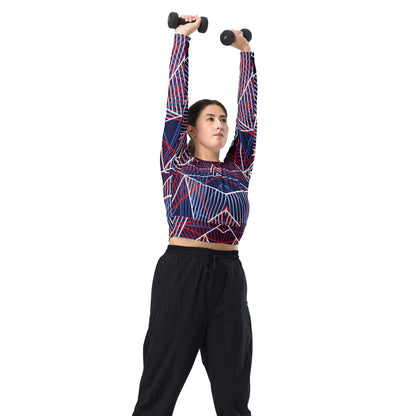 Navy long-sleeve crop top with abstract geometric red and white line graphic