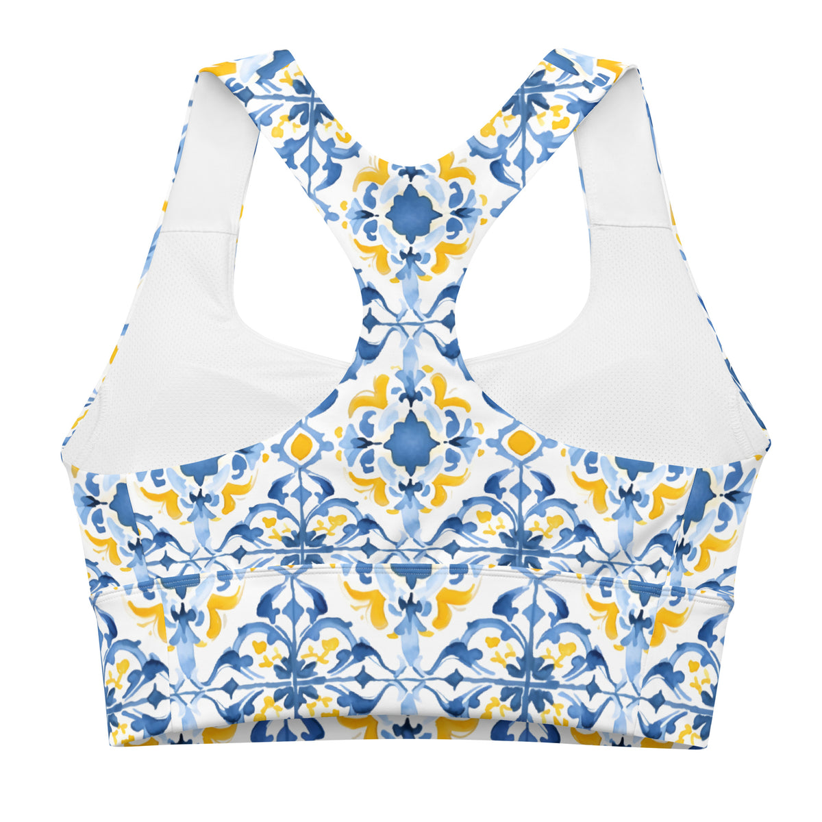 Longline sports bra with Moroccan tile print, white back mesh X-panel design