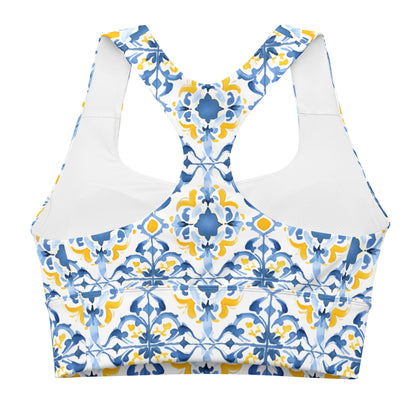 Longline sports bra with Moroccan tile print, white back mesh X-panel design