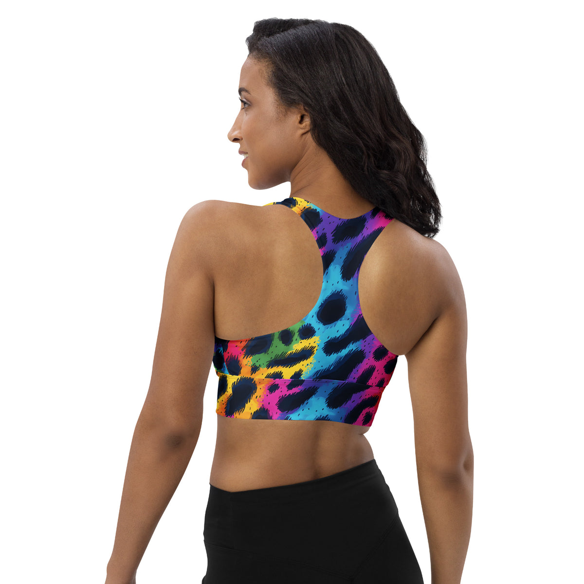 Longline sports bra back view, rainbow leopard print and racerback straps