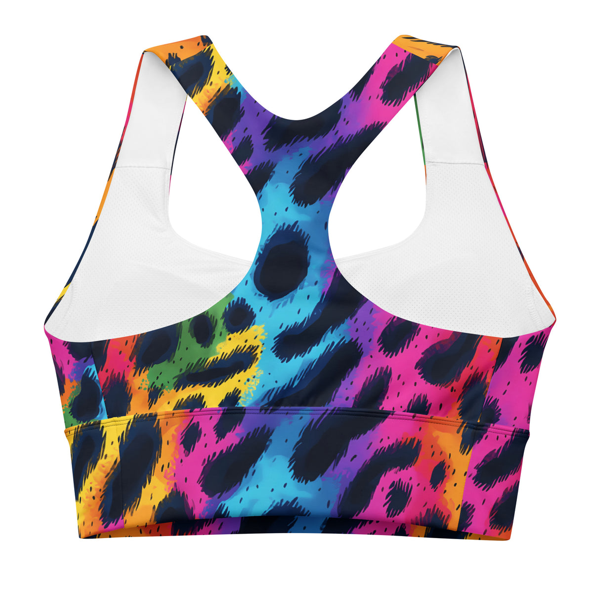 Longline sports bra with rainbow leopard print, scoop neckline, wide racer back.