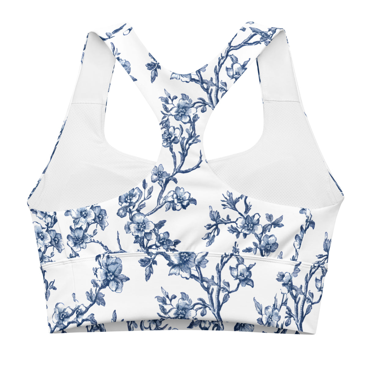 Longline sports bra flat lay, white with blue floral print and wide V-neck