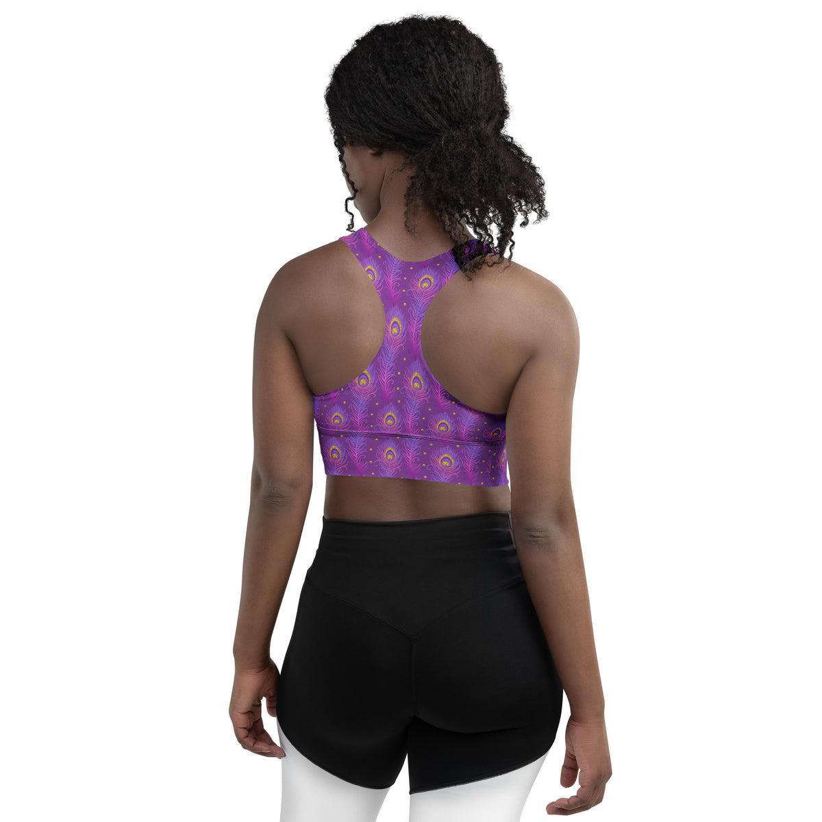 Back view of purple peacock-feather longline sports bra, racerback straps