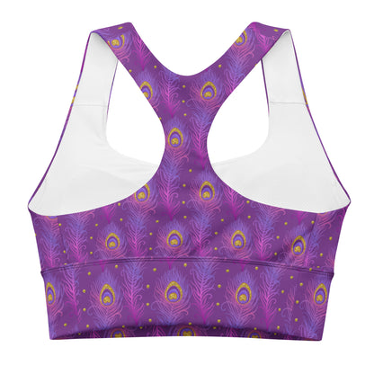 Longline sports bra front in purple peacock-feather print, racerback and wide band