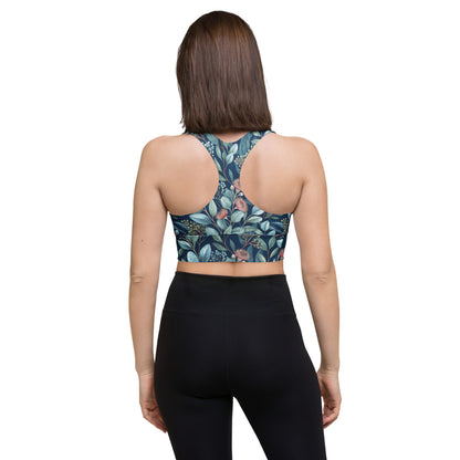 Back view longline sports bra with blue botanical print and racerback straps