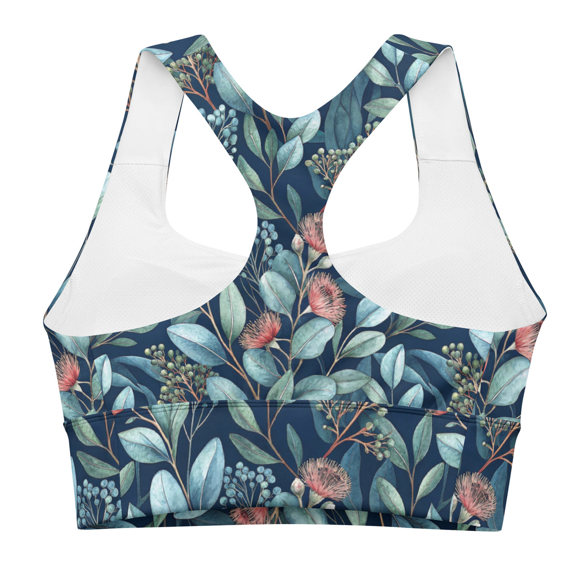 Longline sports bra with teal floral botanical print and white side panels
